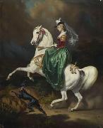 Charles Christian Nahl and august wenderoth Reiterin auf nach links aufsteigendem Schimmel . oil on canvas